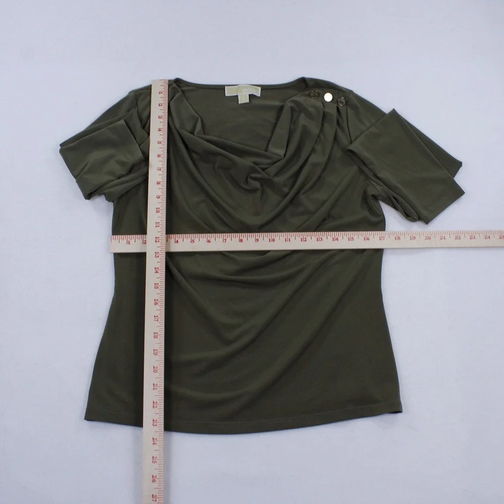 Michael Kors Long-Sleeve Blouse – Button-Detail Cowl Neck – Olive Green – Size M